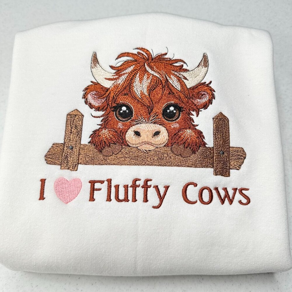 Highland Cow YOUTH Kids Unisex Sweatshirt Embroidered Love Fluffy Cows Crewneck